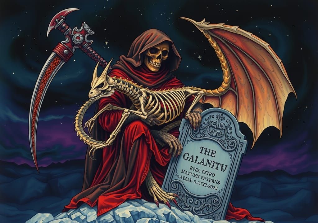 Grim Reaper with Skeletal Dragon: Moebius Style Illustration