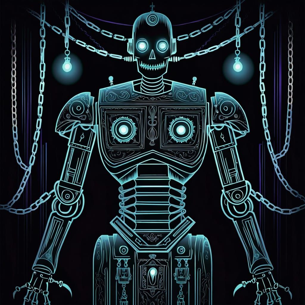 Evil Robot Ghost at Prom in Woodcut Style