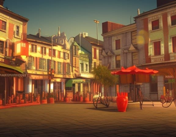 town square concept art, 3d digital art, Maya 3D, ZBrush Central 3D shading, bright colored background, radial gradient ...