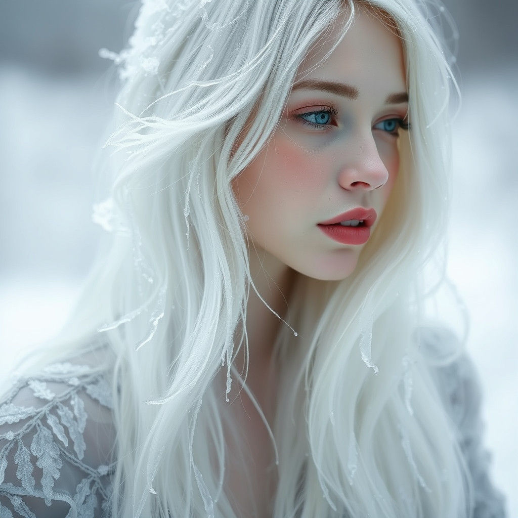 Ethereal Frozen Woman with White Hair in Dreamy Style