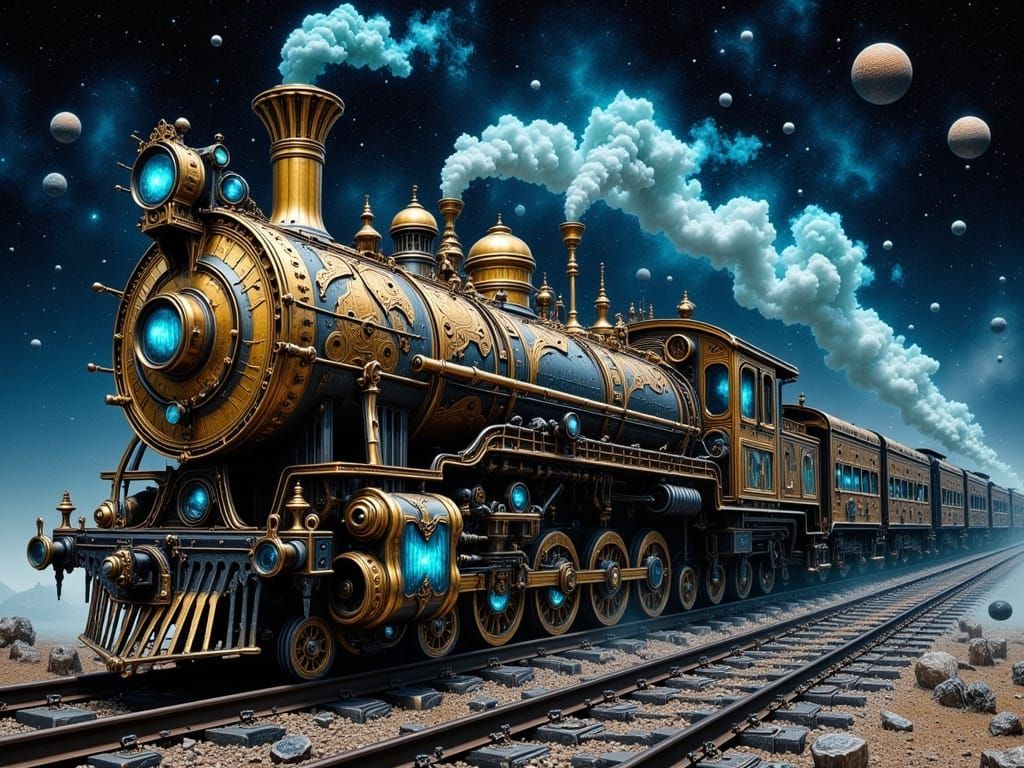Surreal Steampunk Train Rushes Through Starry Galaxy in Abst...
