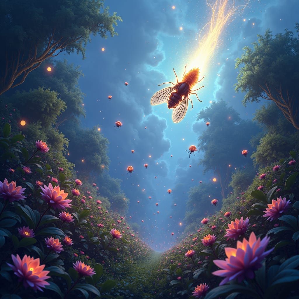 Dreamlike Swarm of Black Soldier Flies in Fantasy Landscape