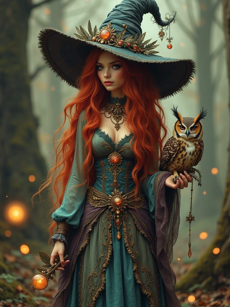 Bohemian Witch with Owl Companion in Magical Forest