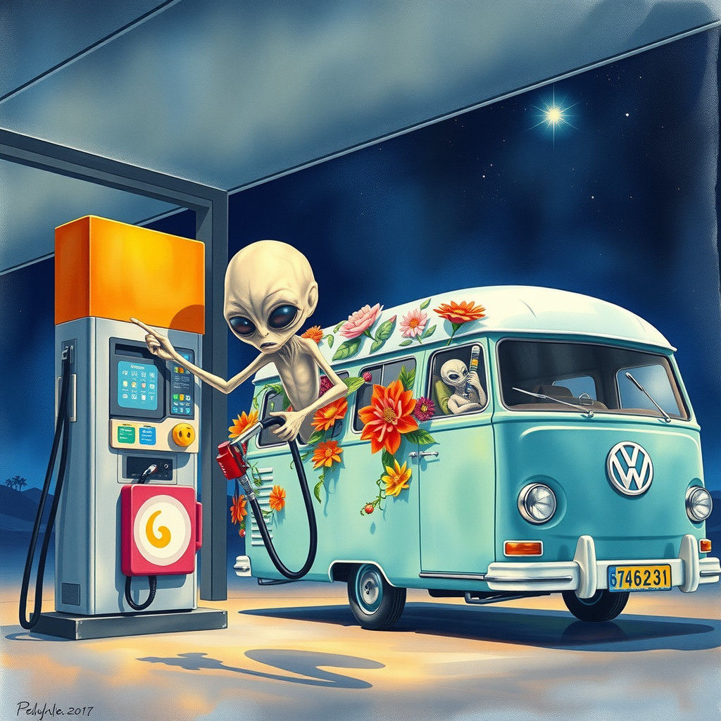 Aliens Fueling Flower Power Spaceship: Digital Illustration