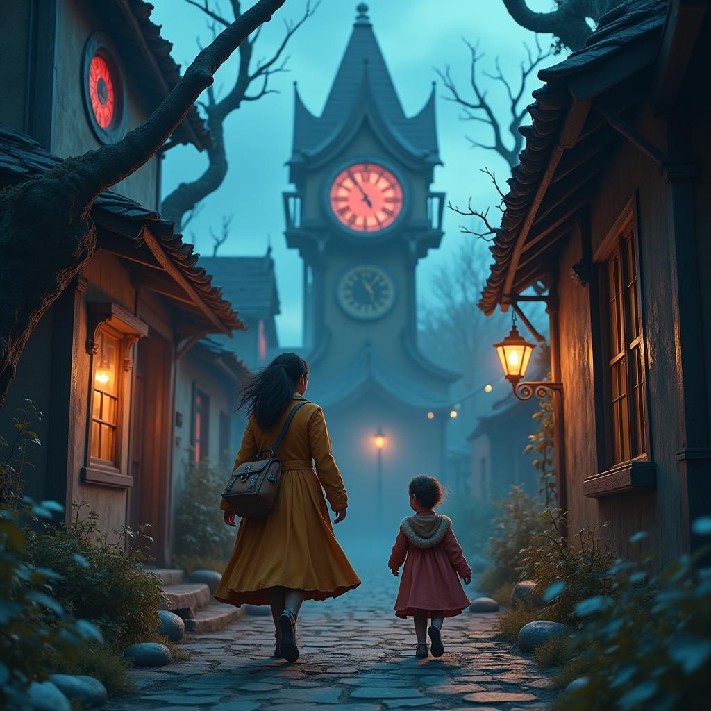 Frazzled Mother Rushing to School, Dreamlike Matte Painting