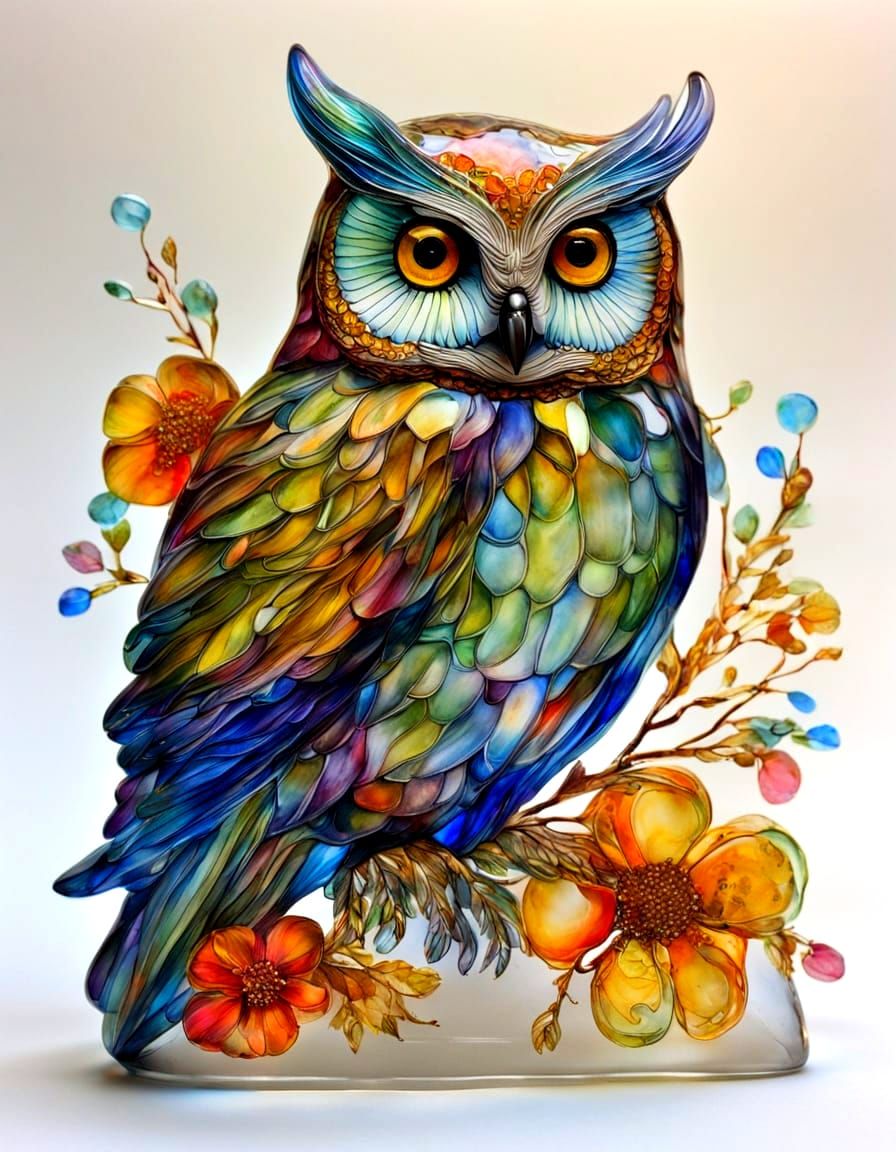 Realistic Glass Owl Statue with Golden Line Art