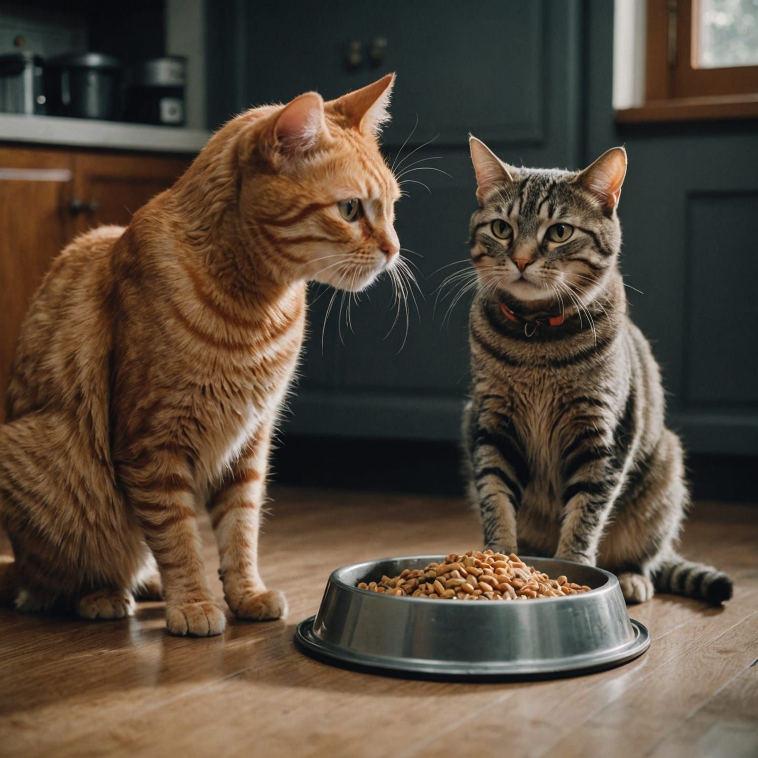 Two Tabby Cats Share Food Bowl: Cinematic Still