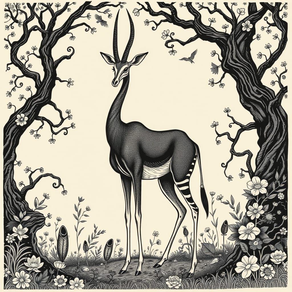 Gerenuk in Mystical Landscape: Ink Drawing