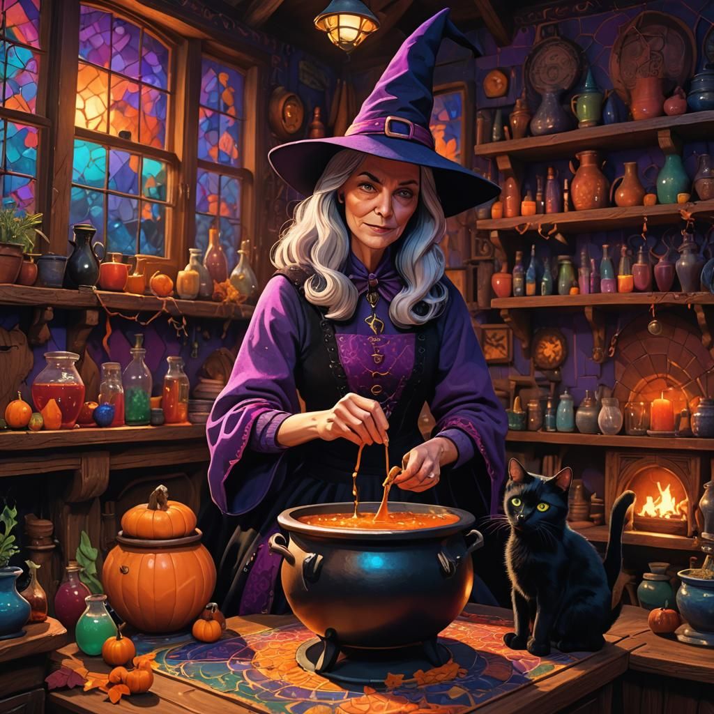 Witch Teaching Potion Brewing in Cozy Home