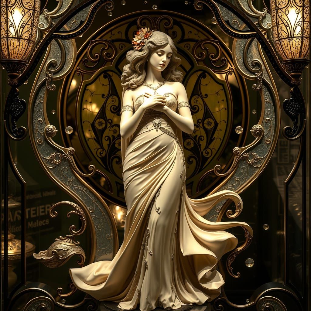 Art Nouveau Woman Sculpture in Glass Case