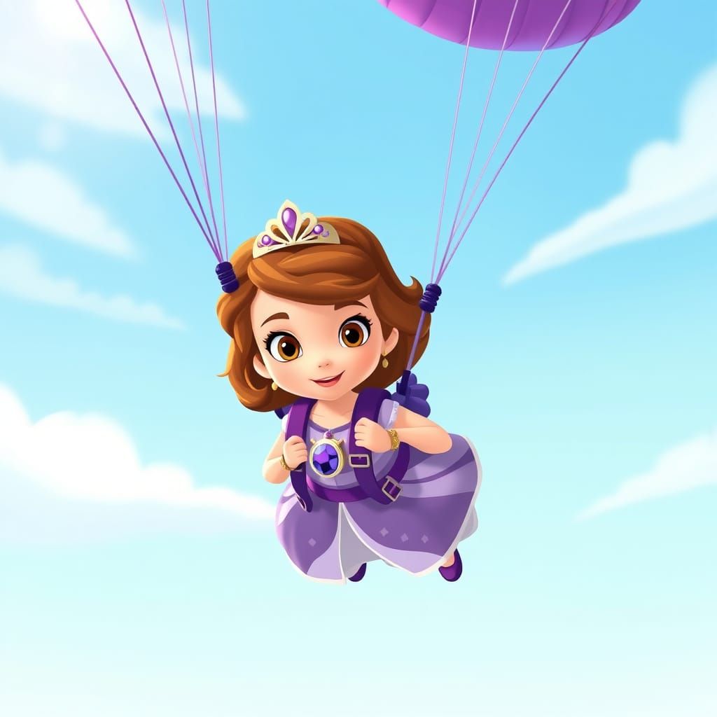 Princess Sofia Skydiving with Purple Parachute, Disney Style