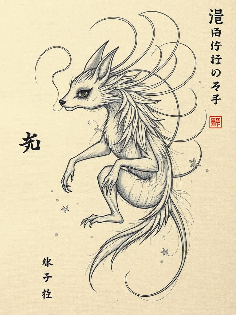 Whimsical Pencil Drawing on Linen Fabric in Japanese Style