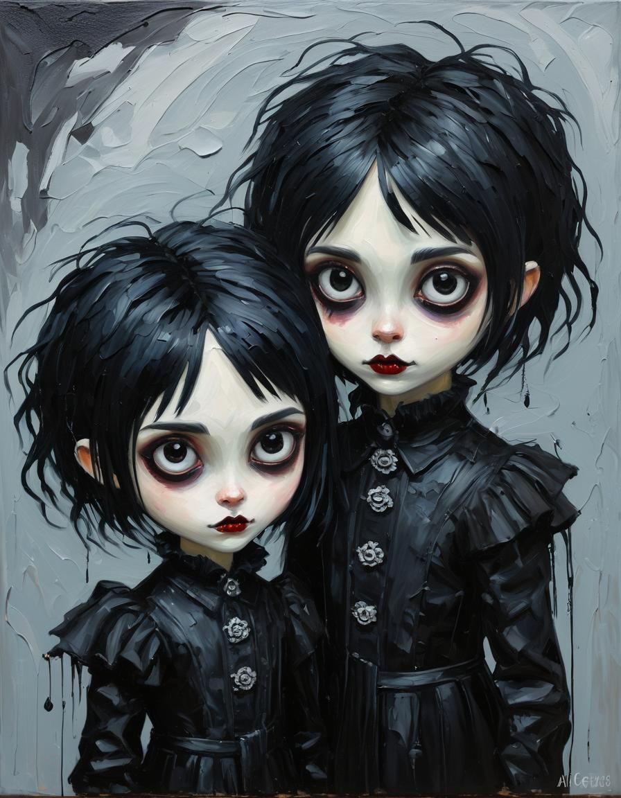 Cute Goth Children in Naive Impasto Style