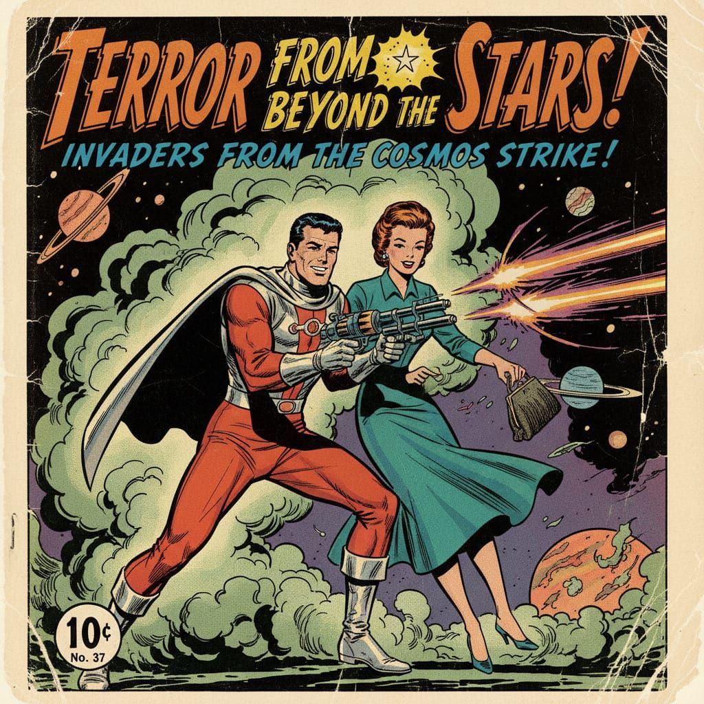 Retro Sci-Fi Comic Cover: Hero Rescues Woman