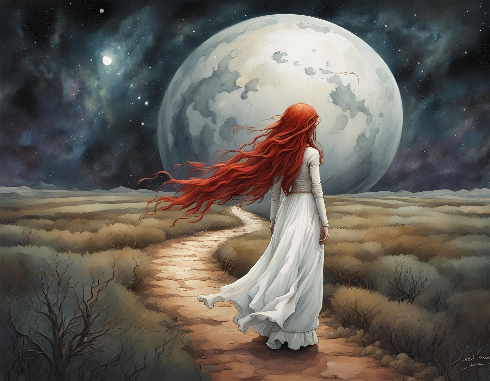 Surreal Alien Landscape with Woman in Watercolor Ink