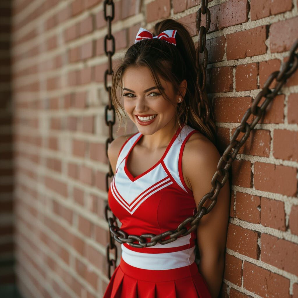 Cheerleader Chained and Tickled Against Brick Wall