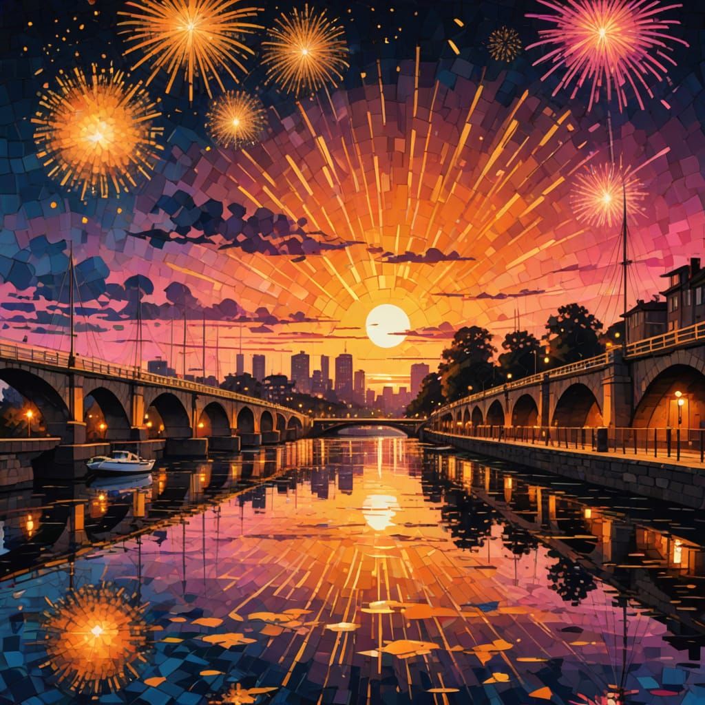 Vivid Sunset Reflected: Mosaic Cubism Art