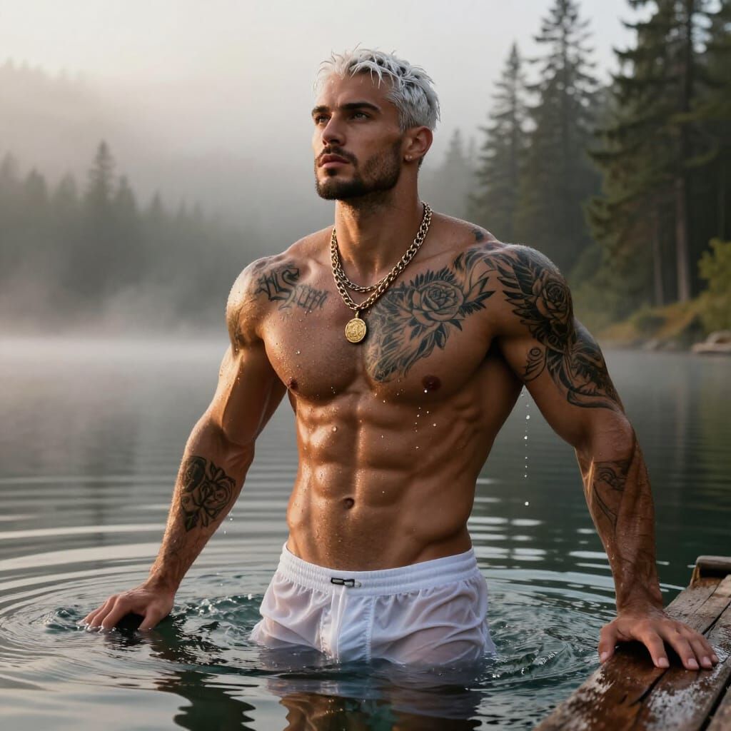 Muscular Man Rises From Mountain Lake at Dawn