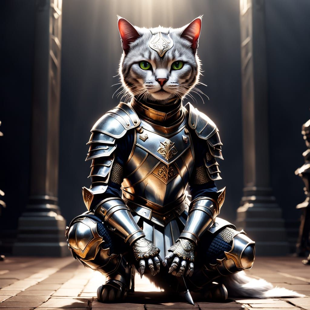 Regal Feline Knight in Finely Detailed Armor