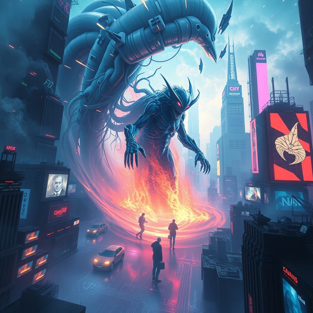 Cyberpunk Basilisk Emerges from Code Vortex in Dystopian Met...