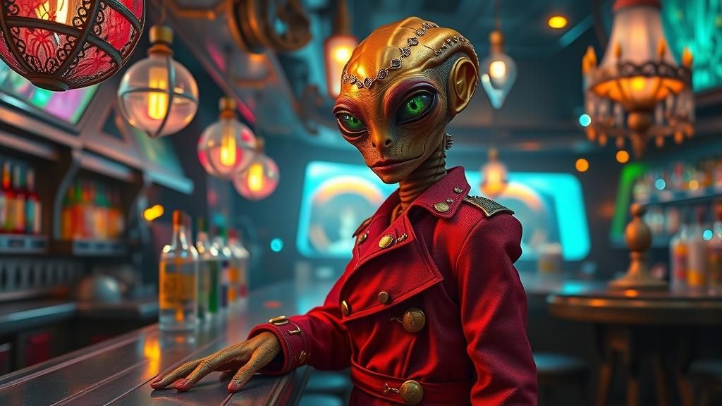 Alien in Space Station Bar with Surreal Lighting