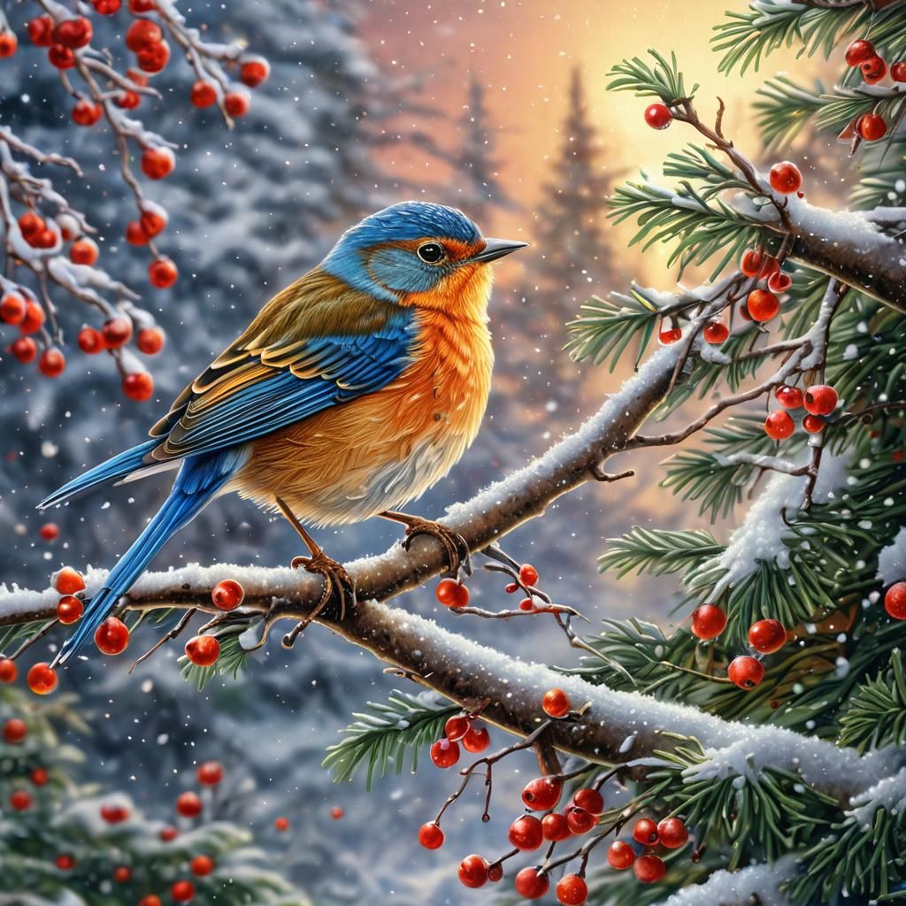 Festive Bird Christmas Illustration in Colored Pencil