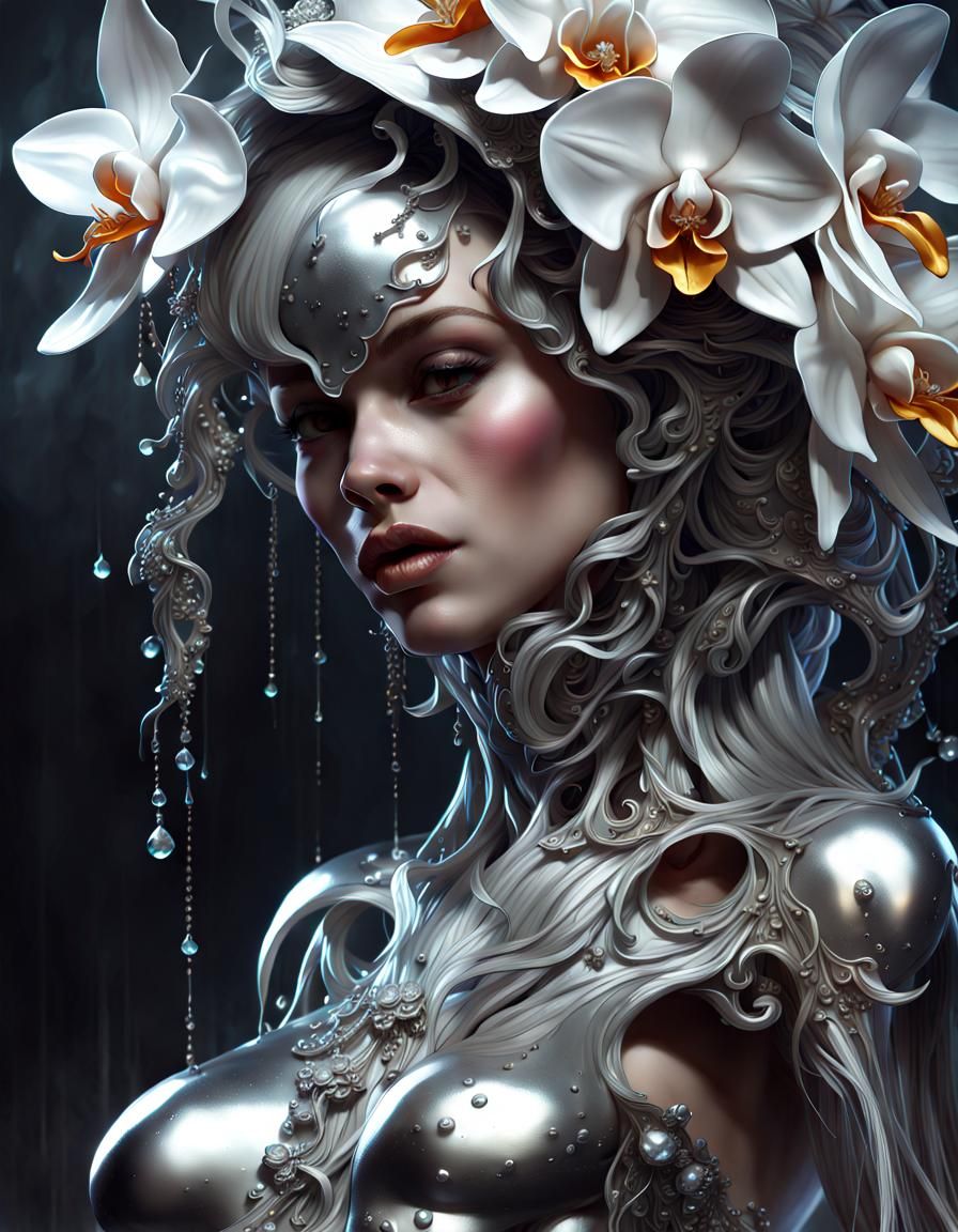 Elaborate Silver Orchid Portrait in Liquid Metal