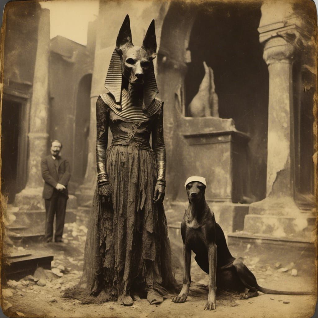 Egyptian Woman and Anubis Demons in Vintage Style