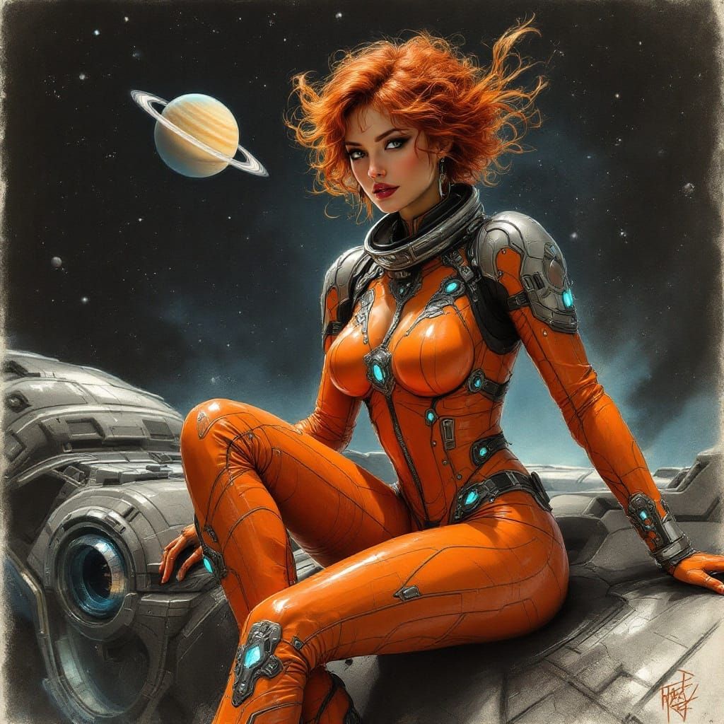 Cosmic Spacewoman in Zero-G, Inspired by Masters of Charcoal