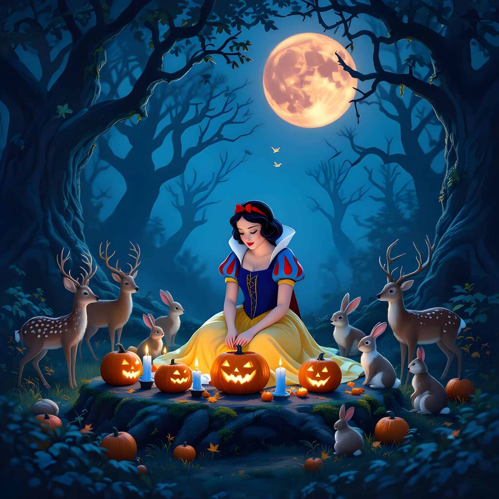 Snow White Carving Pumpkins with Animals in Moonlit Forest