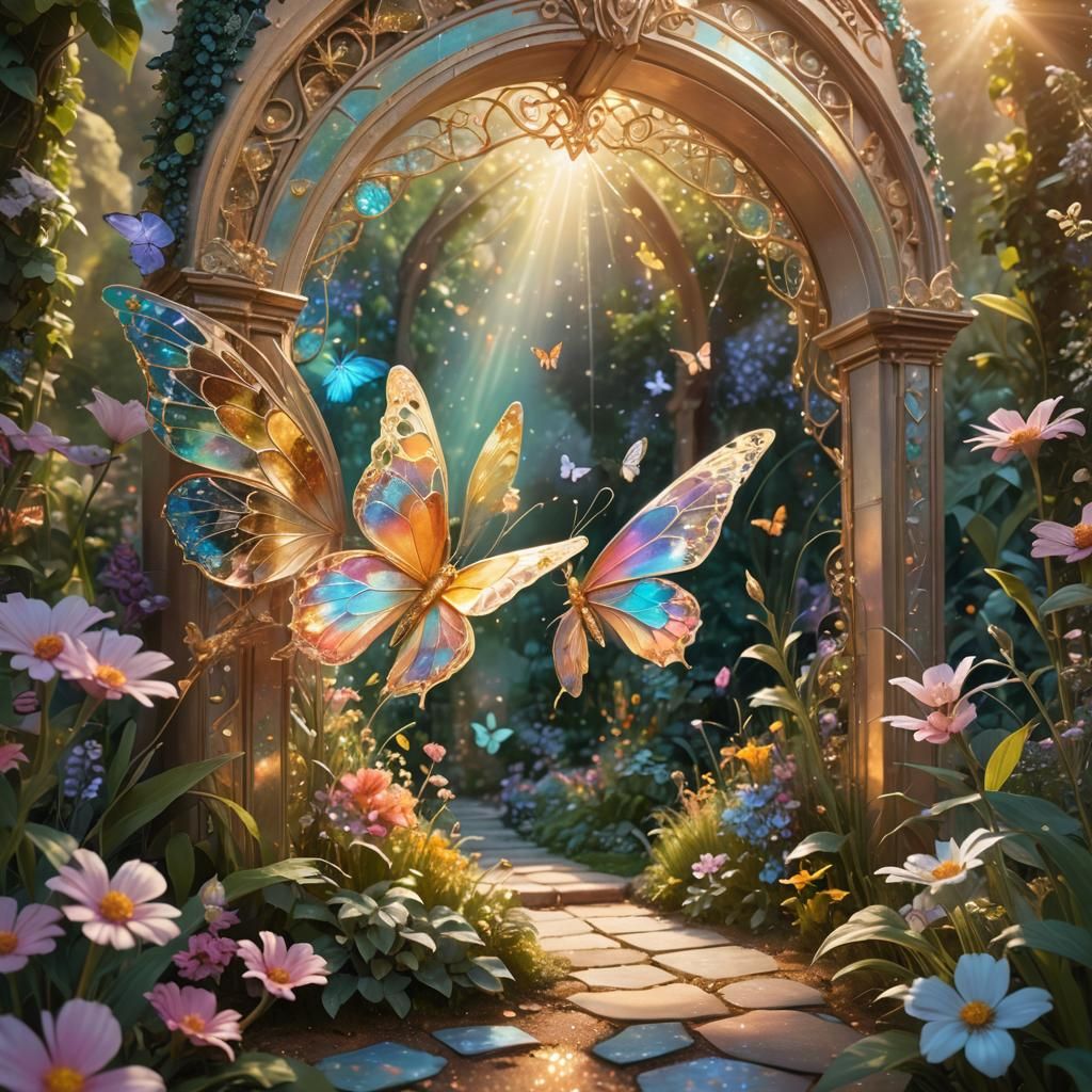 Iridescent Butterfly near Crystal Portal in Dream Garden