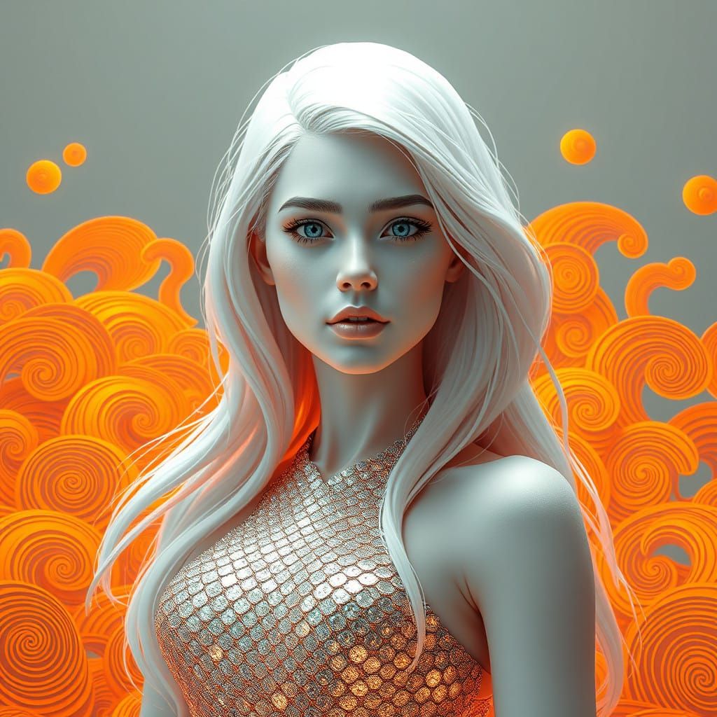White Mermaid on Orange Waves Digital Art