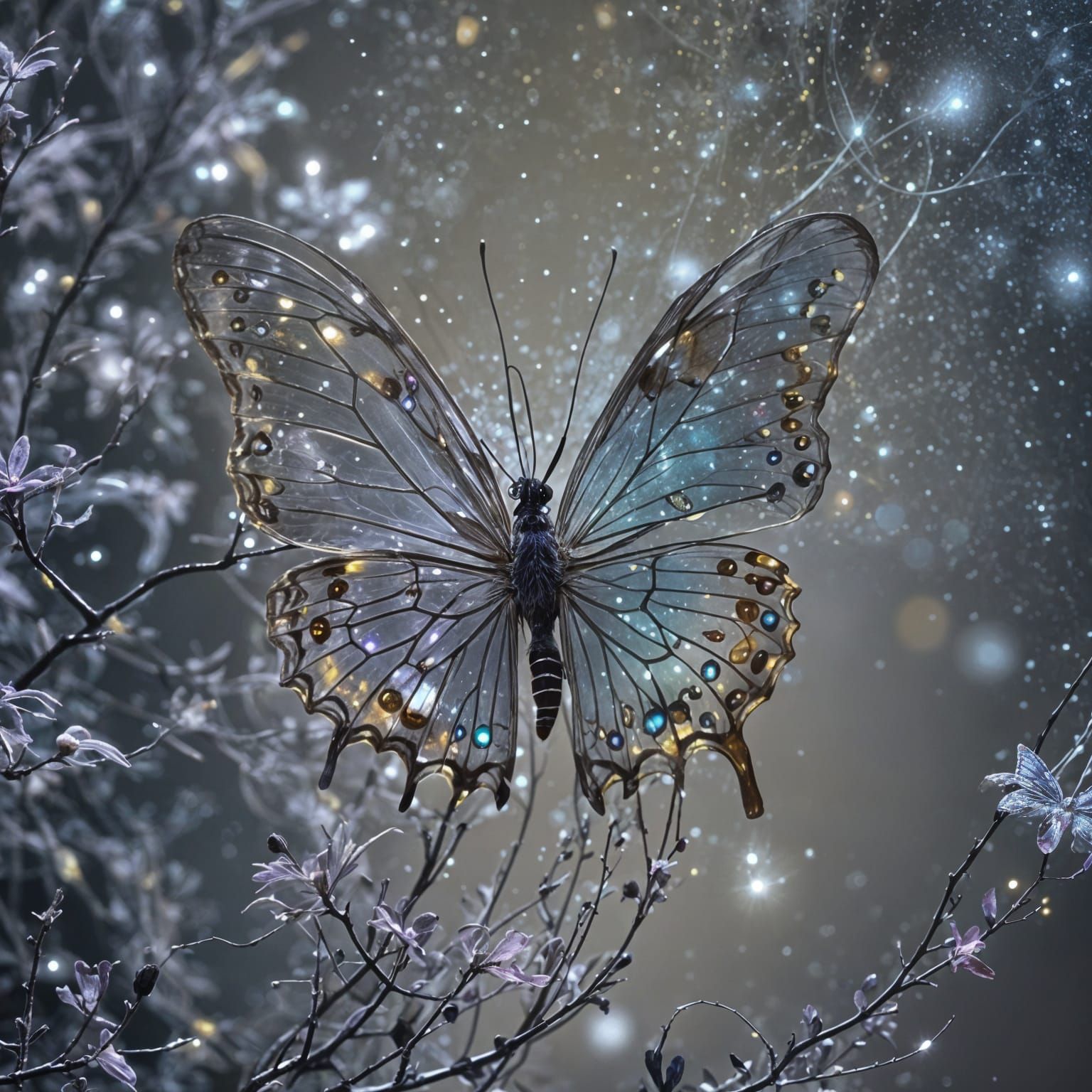 Dreamy Synaptic Butterfly with Iridescent Flowers