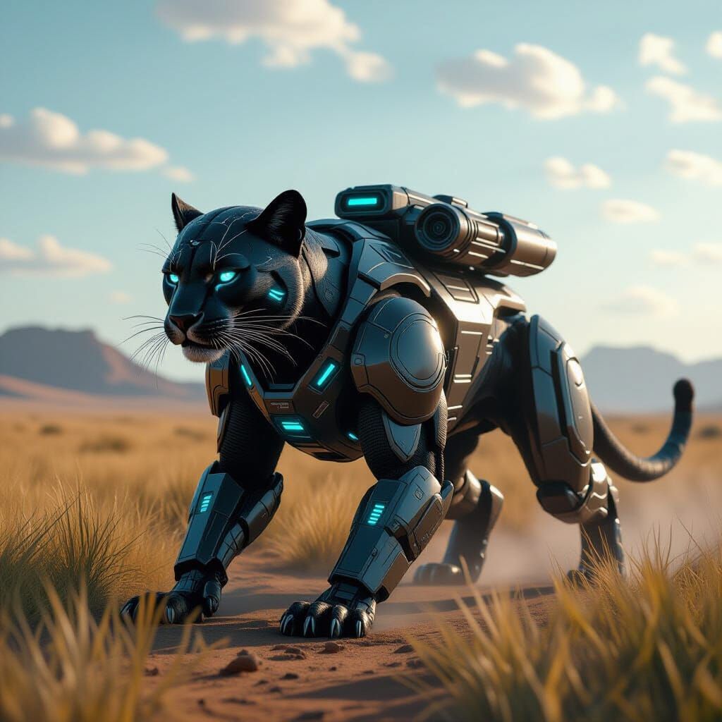 Futuristic Armored Panther Prowls Savannah