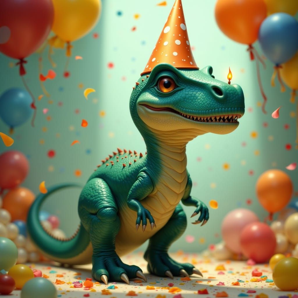 T-Rex Dinosaur Celebrating Birthday in Cartoon 3D Style