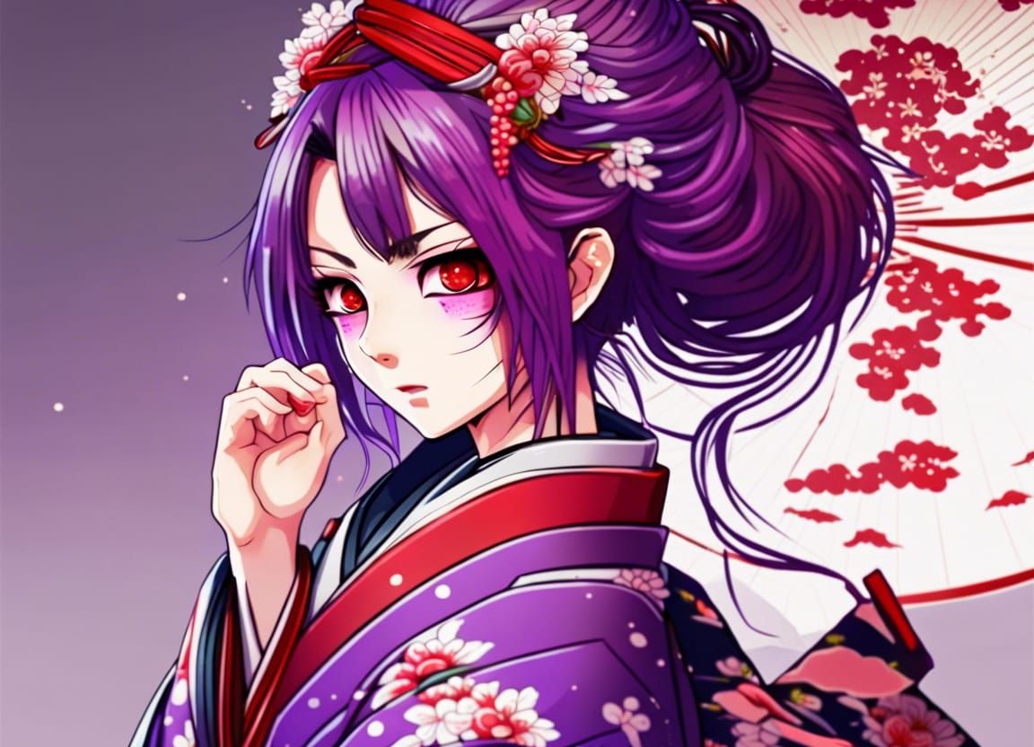 Anime Geisha with Red Eyes and Purple Hair
