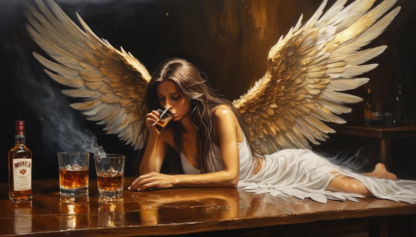 Fallen angel drinking bottle of whiskey
