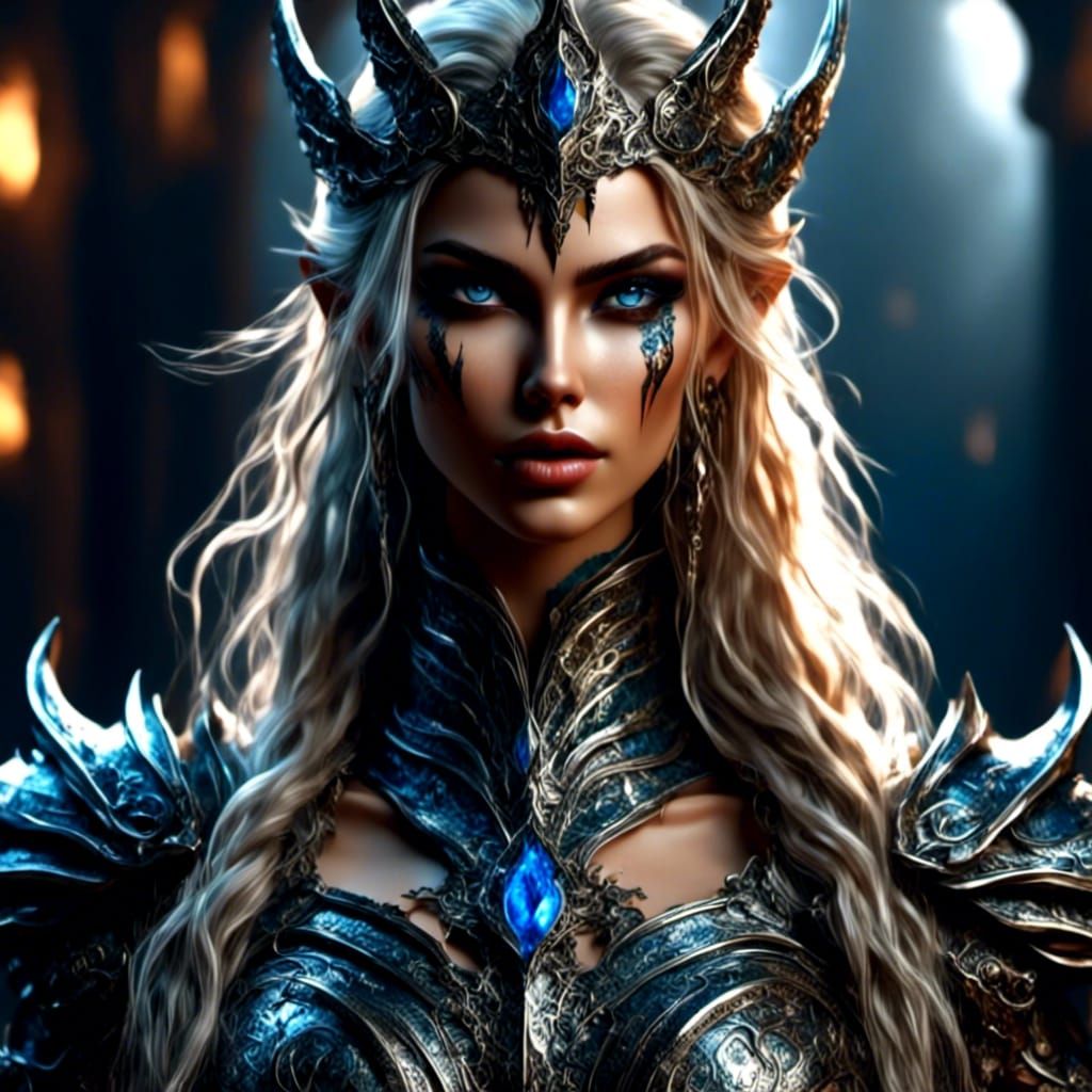 Hyperrealistic Elven Warrior Princess with Blue Eyes