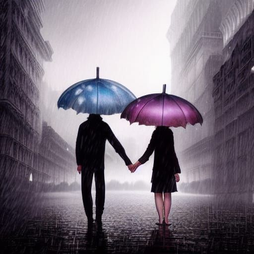 Couple Holding Hands in Rainy Digital Painting