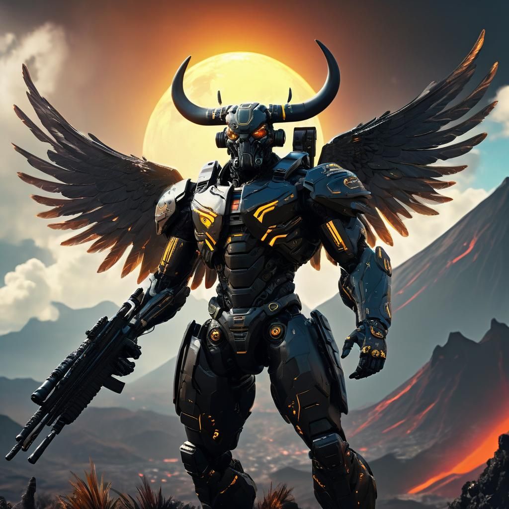 Cyborg Ox with Wings in Cyberpunk Style