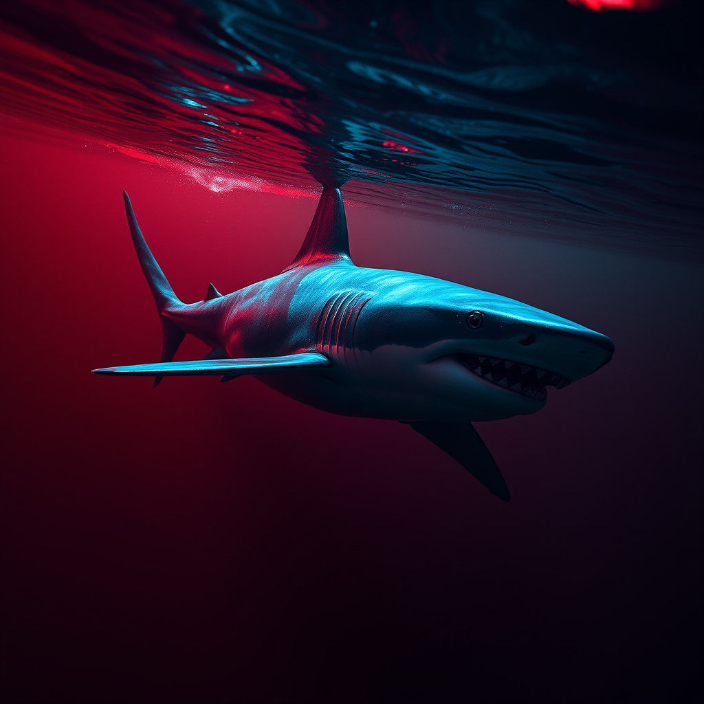 Giant Blue Shark in Ominous Blood-Red Sea