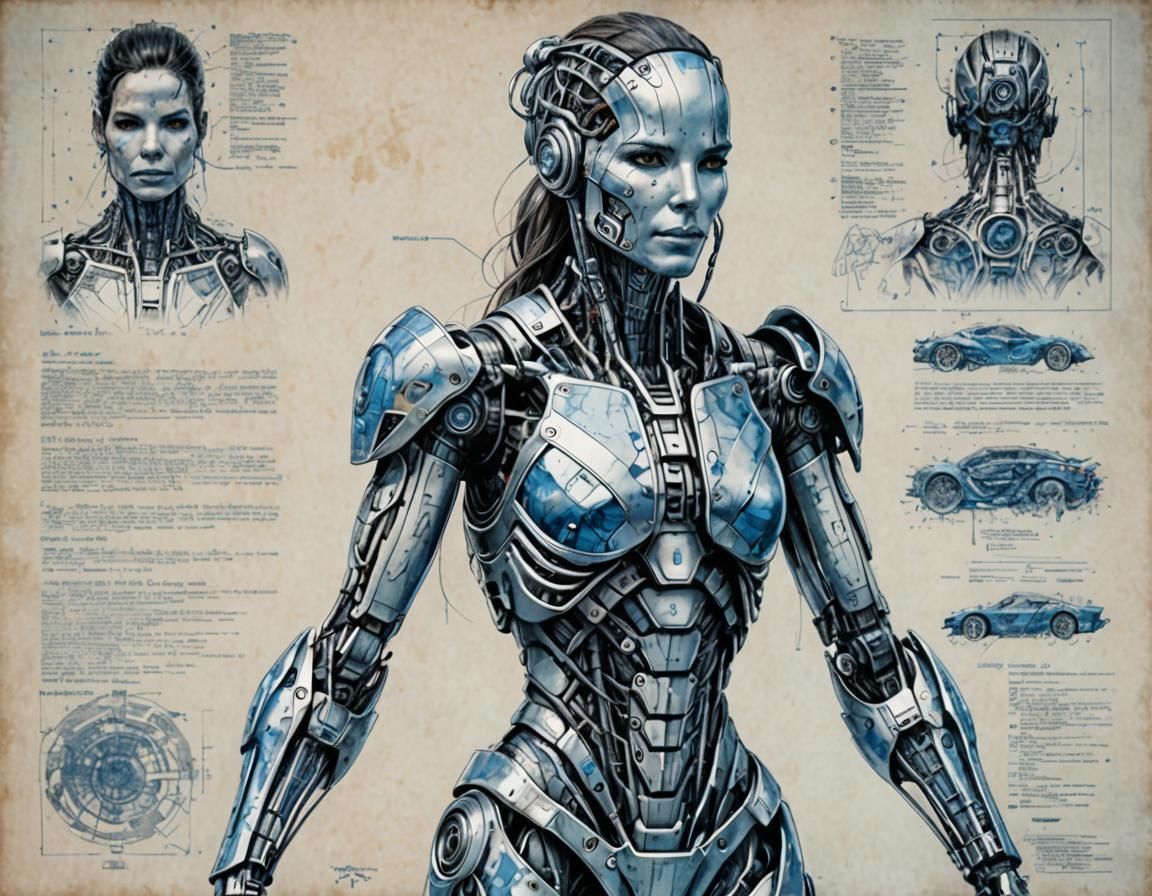 Sandra Bullock Cyborg Schematic in Technical Drawing Style