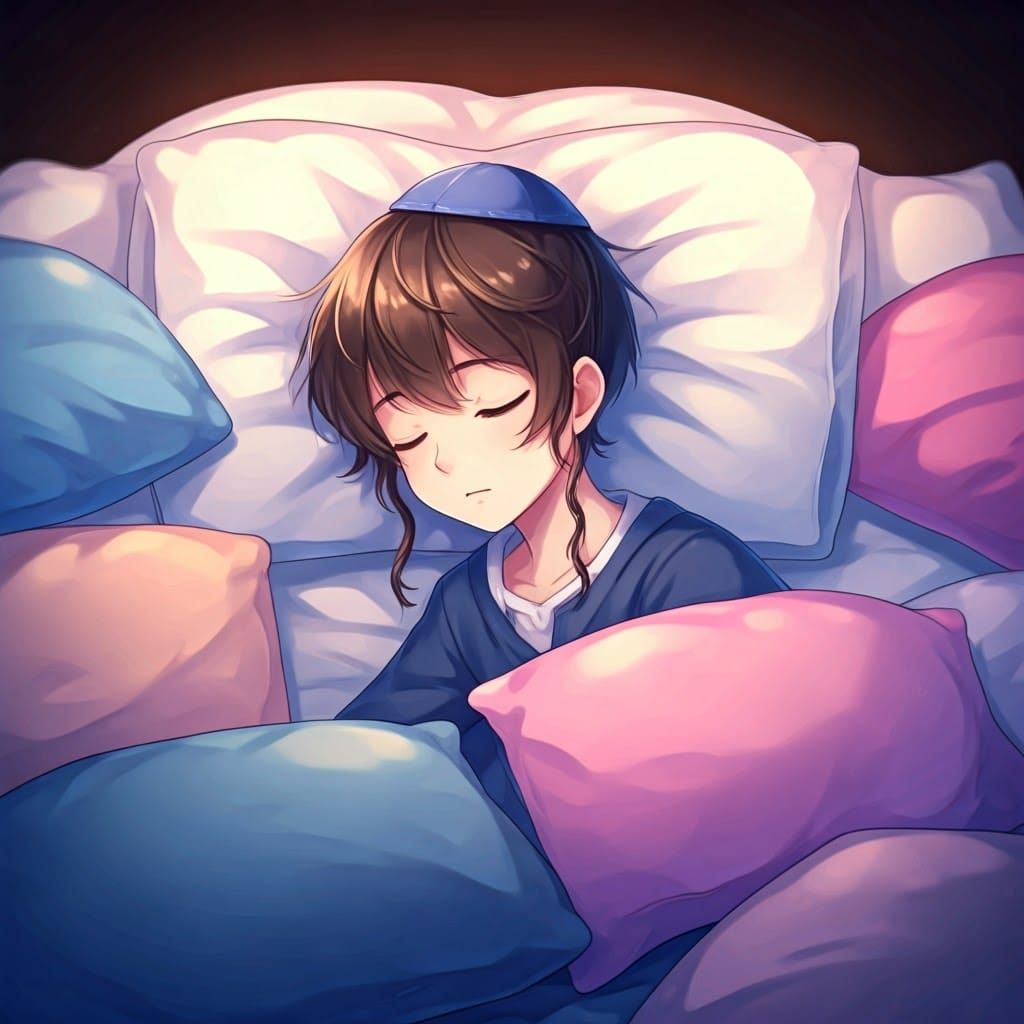 Peaceful Anime Boy in Plush Bed with Soft Pillows