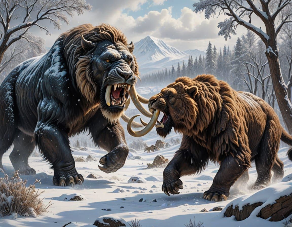 Saber-Toothed Cat and Mammoth Fight in Tundra