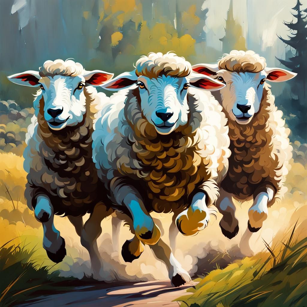 Cinematic Painting of Running Sheep in Sketch Style