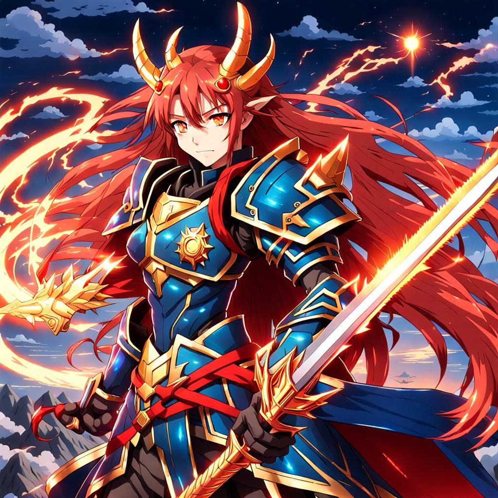 Anime Female Warrior in Dragon Armor with Lightning