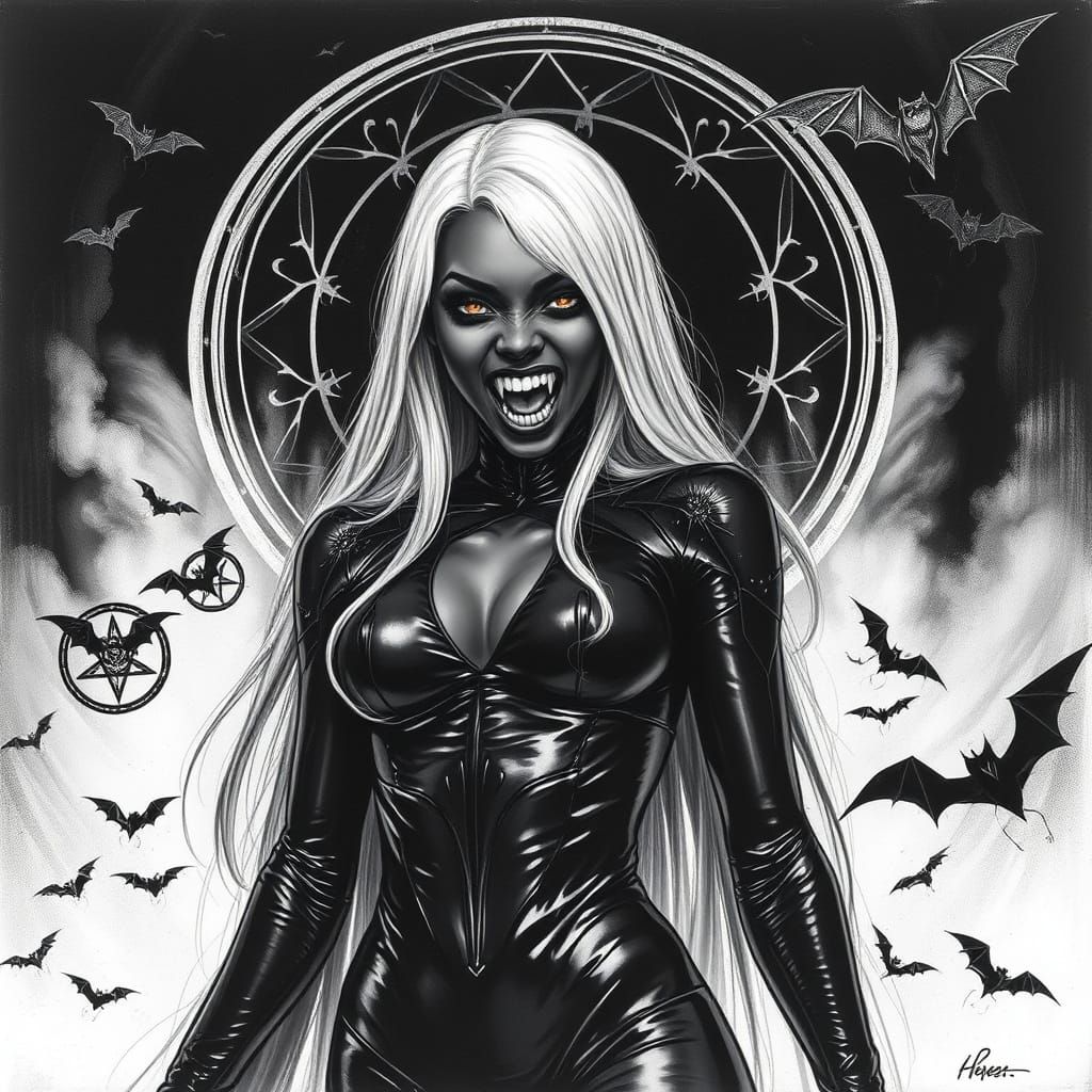Surreal Vampire Goddess in Charcoal-Inspired Hyperrealism