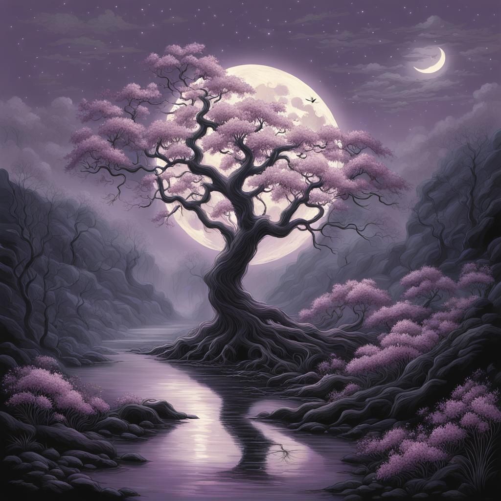 Mystical Moonlight Landscape with Blossoming Tree