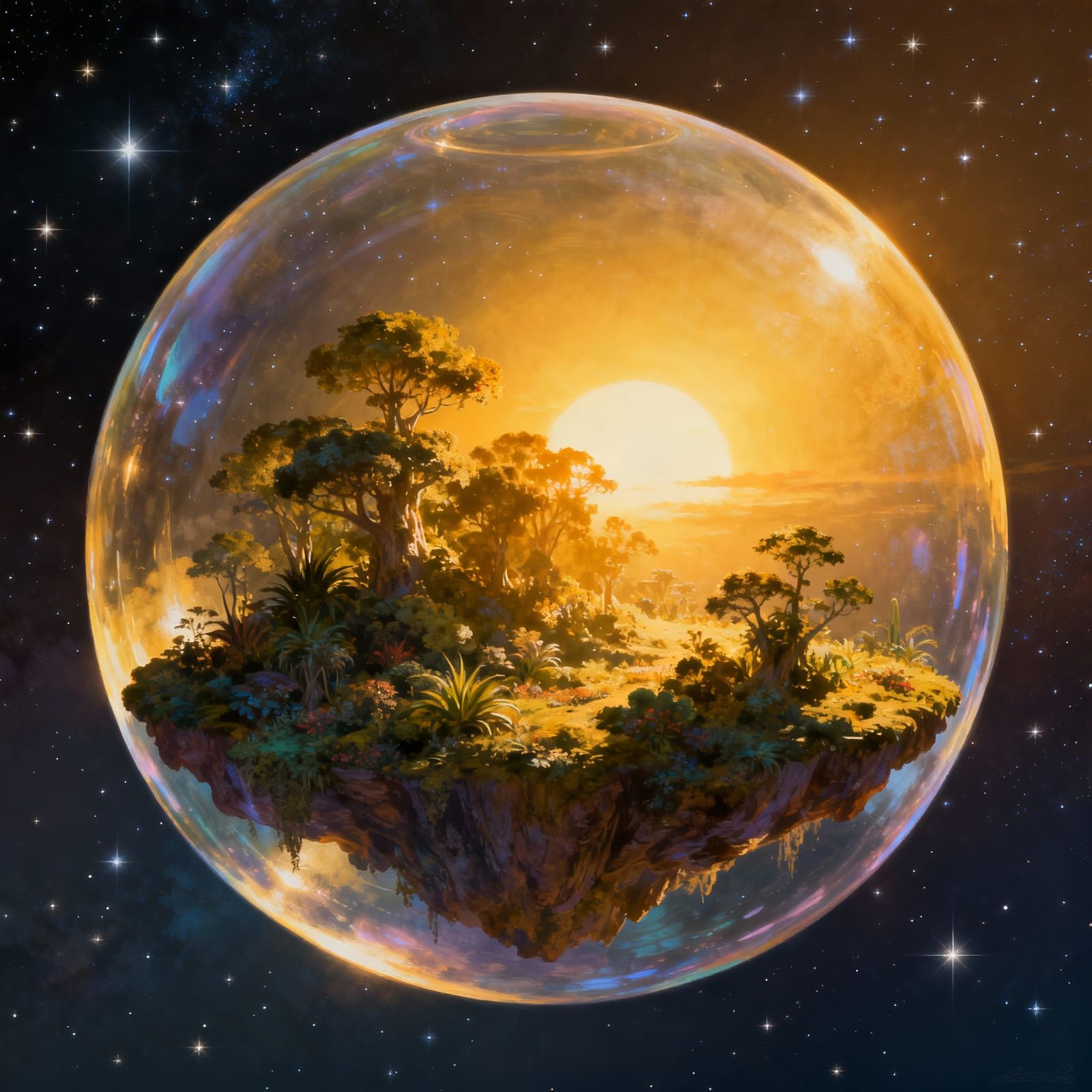 Floating Island in Space Bubble with Warm Sunlight
