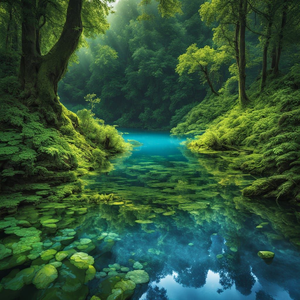 Vibrant Blue Lake in Dense Forest Landscape Photography